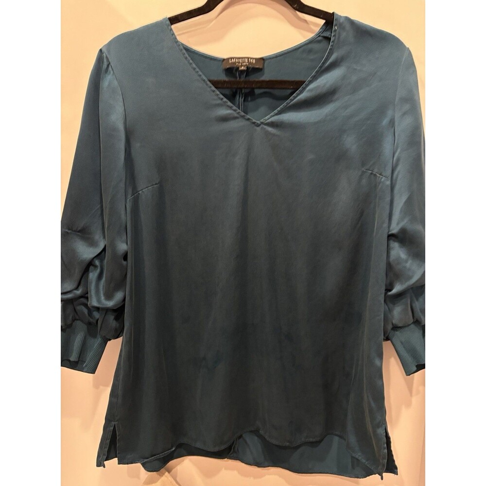 Lafayette 148 NY Teal Silk V-Neck Blouse Puff Sleeve Rib Knit Cuff Top Size S